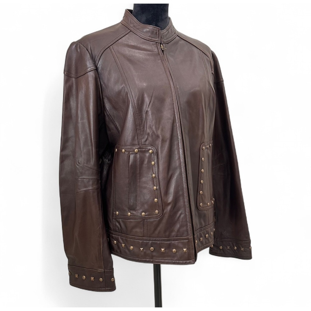 Y2K Reba Brown Studded Leather Jacket Full Zip Pockets Moto Fall Boho Women's XL